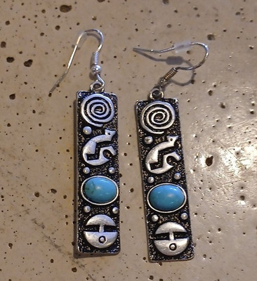 Native American Turquoise Oval Dangle Earrings Silver Rectangular Ethnic Hook