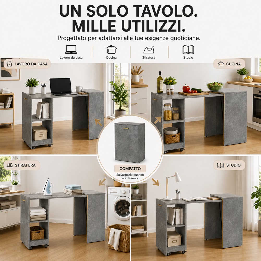 Mobile con Tavolo a Scomparsa Grigio Richiudibile Salvaspazio Scrivania Libreria foto 5