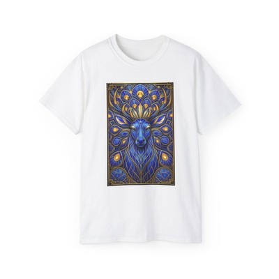 Blue Stag Mandala Tee | Mystic Deer Art, Geometric Forest Design