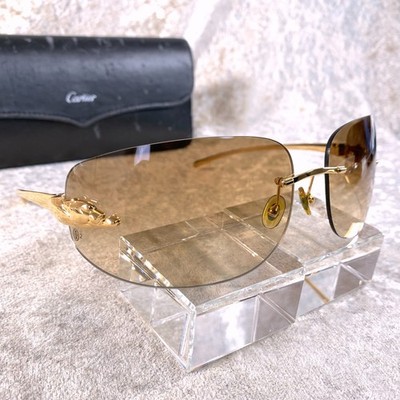 Cartier Sonnenbrille Gold Panthere Randloses Gestell Braune Gläser 110 mit Etui