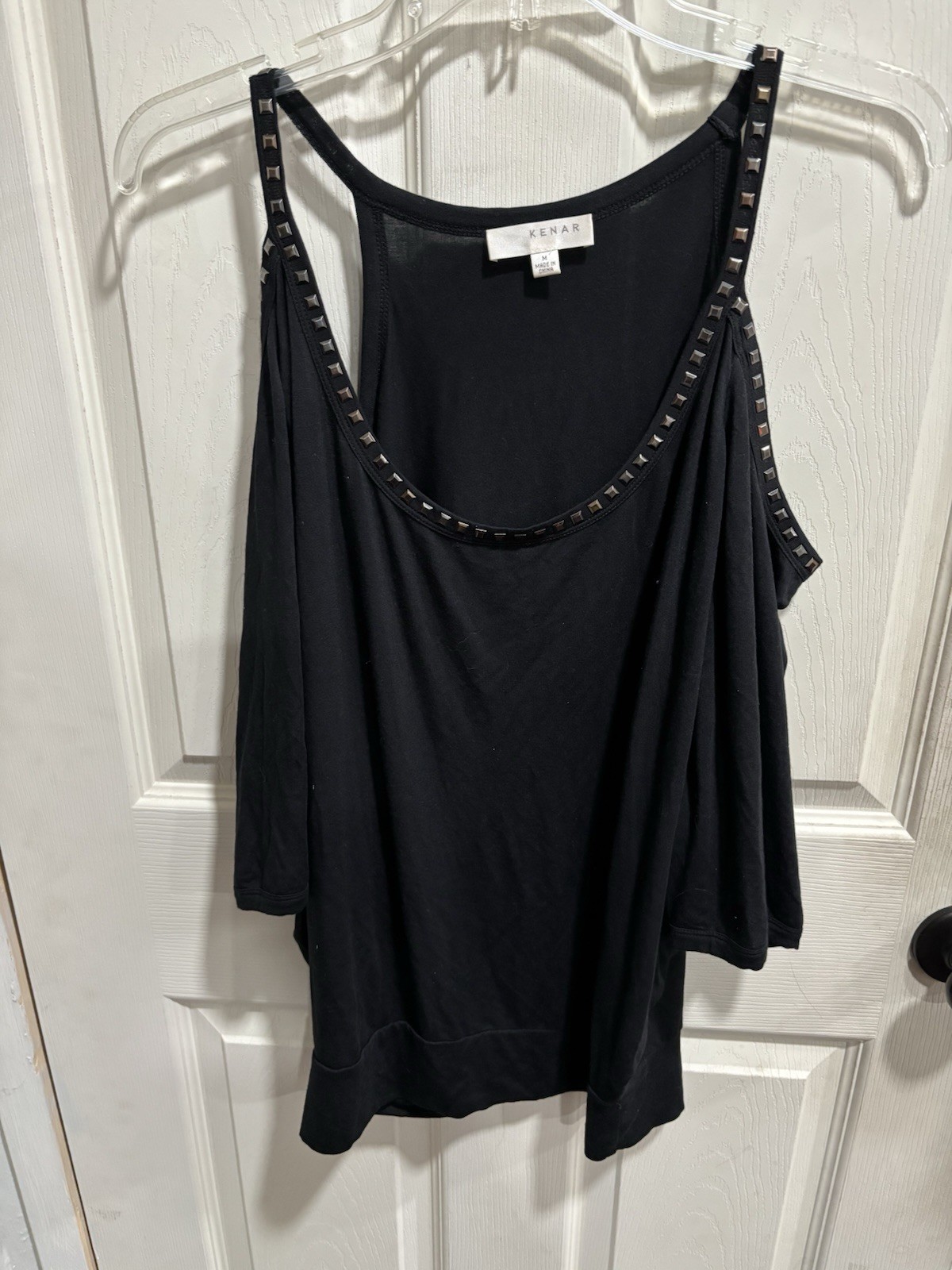 Kenar Womens Blouse Top Black Silver accents Open Shoulder Short Sleeve Size Med