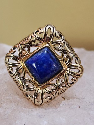 Barse Lapis Lazuli Blue Stone Elaborate Goldtone Square Setting Ring Size 7