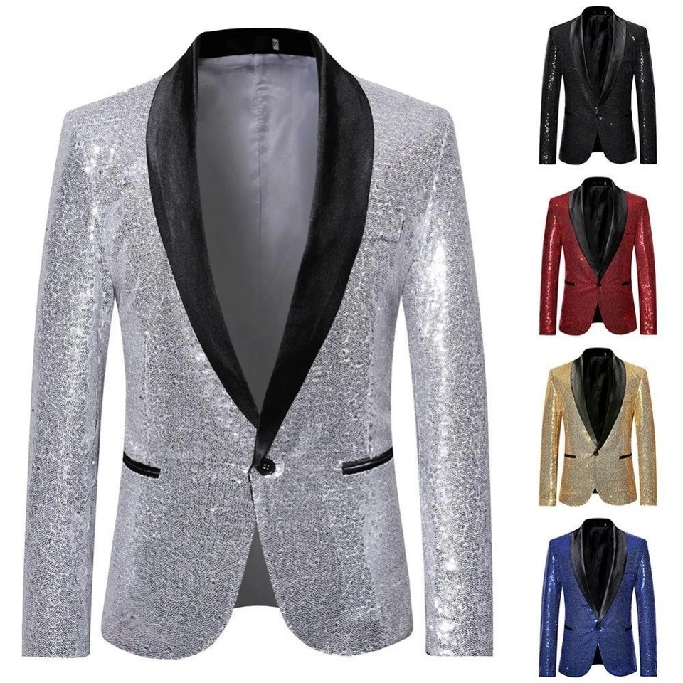 Mens Nightclub Sequin Blazer Jacket Party Suit Coat Gentleman Style Formal Wear - Image 4 of 4