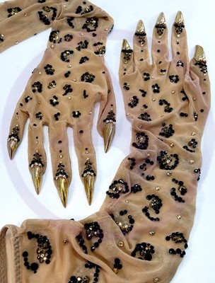 Gold Leopard Claws on Beige Mesh Opera Length - Nail Gloves - OOAK Handmade
