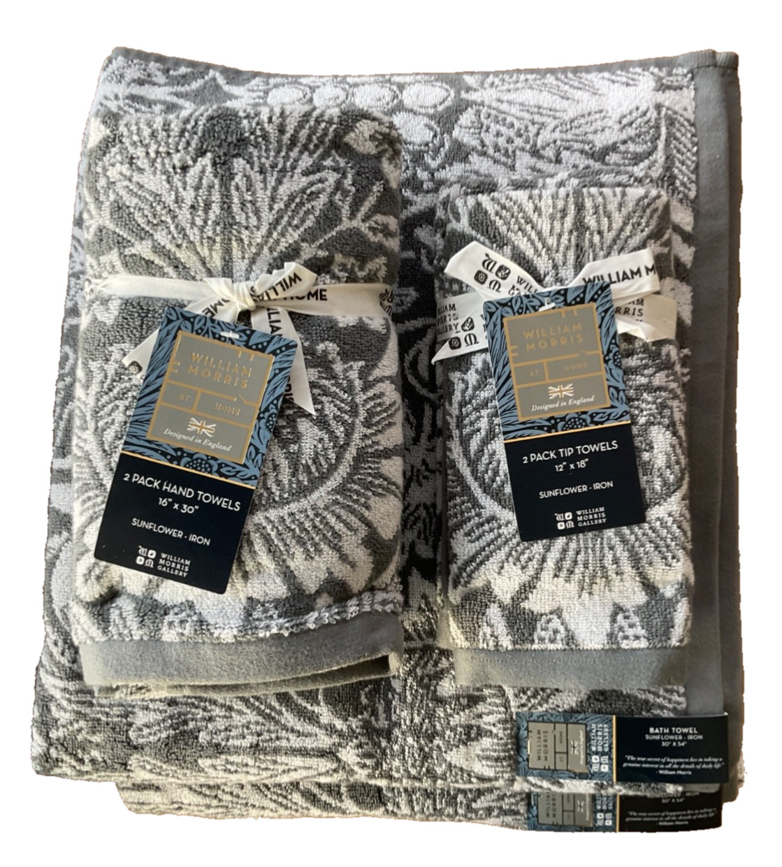 William Morris & Co~SUNFLOWER IRON~2 Bath Towels/2 Hand/2 Tip Towels~6 PCs~Gray~