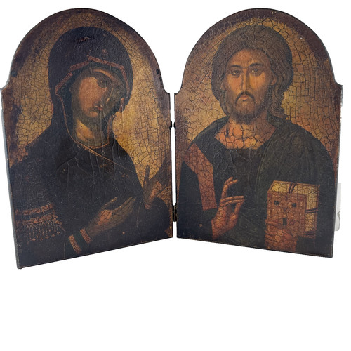 VTG ESTATE Byzantine Orthodox Wood Icon Hinged Panels Jesus & Virgin Mary