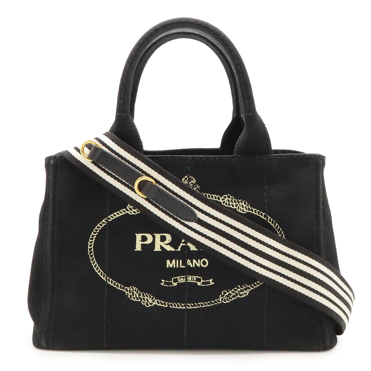 PRADA CANAPA Tote Bag 2WAY Shoulder Bag Stripe Shoulder Canvas NERO Black  from