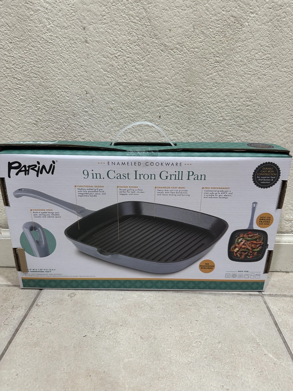 Parini 9” Cast Iron Square Enameled Grill Pan Cookware Non-Stick Durable