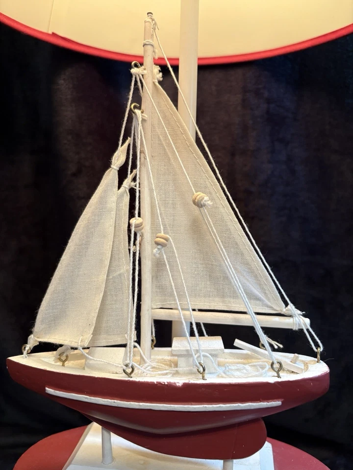 Bedside Accent Lamp Nautical Sailboat Red Trim Fabric Sails 17" Tall - Image 3 of 4