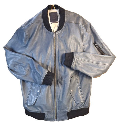 VTG Timberland Mens XL 100% Lamb Leather Bomber Jacket Gray Ribbed Collar & Hem