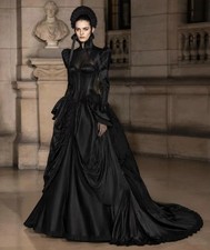 Black Victorian Gothic Ball Gown Satin Corset Long Puff Sleeve Court Historical