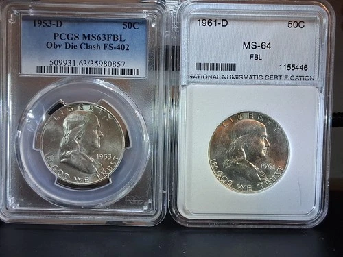 1953-D Franklin Half Dollar Obv Die Clash FS-402 PCGS MS63FBL-1961-D MS64 FBL