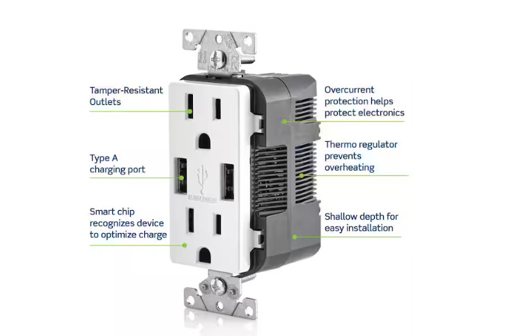 Leviton Decora 3.6A 15 Amp Duplex Outlet with USB-A Ports Black T5632-BE NEW