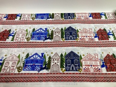 Scandinavian Style Holiday Houses Border Stripe Fabric New Snow Deer Birds BTY  