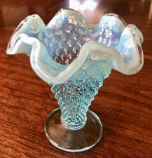 Vintage Fenton Glass Hobnail Opalescent Aqua Blue Ruffled Fluted Vase 6 Tall