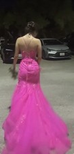 Pink Sequin Mermaid Tulle Formal Dress, Lace-Up Backless Slit, Strapless, V-Neck