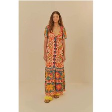 FARM Rio Pink Tropical Floral Tiered Maxi Dress V-Neck Tassel Tie Women's Small