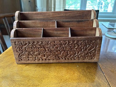 Anglo Indian Kashmiri Wood Carved Desk Letter Stationery Rack Handmade by H D