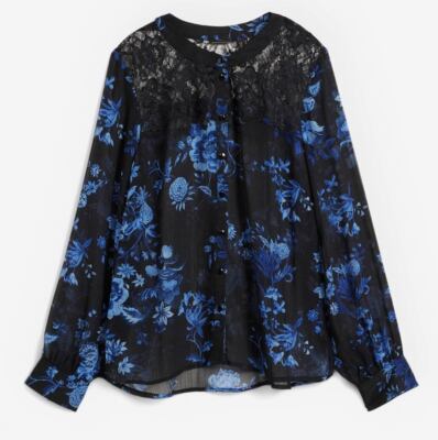 Bluse mit Spitze Gr. 44 Schwarz Blau Damenbluse Hemd Shirt Tunika Oberteil Neu