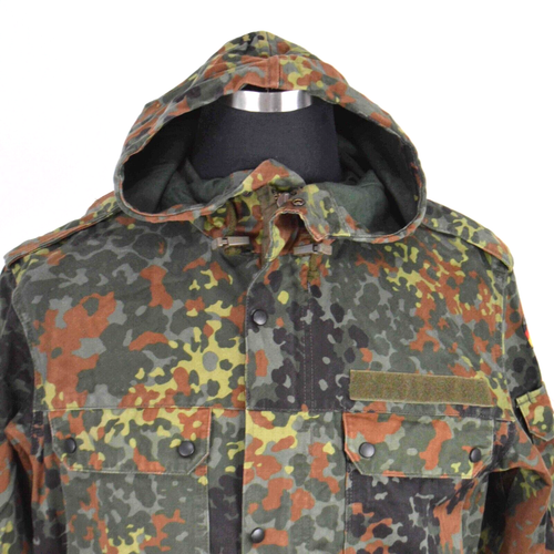 German Bundeswehr Flecktarn Camo Military Parka Jacket GR12 L Tall Hood Woodland - Picture 2 of 15