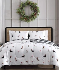 Queen Comforter 3PC Reversible Set Black Plaid One Side Christmas Dogs Other New