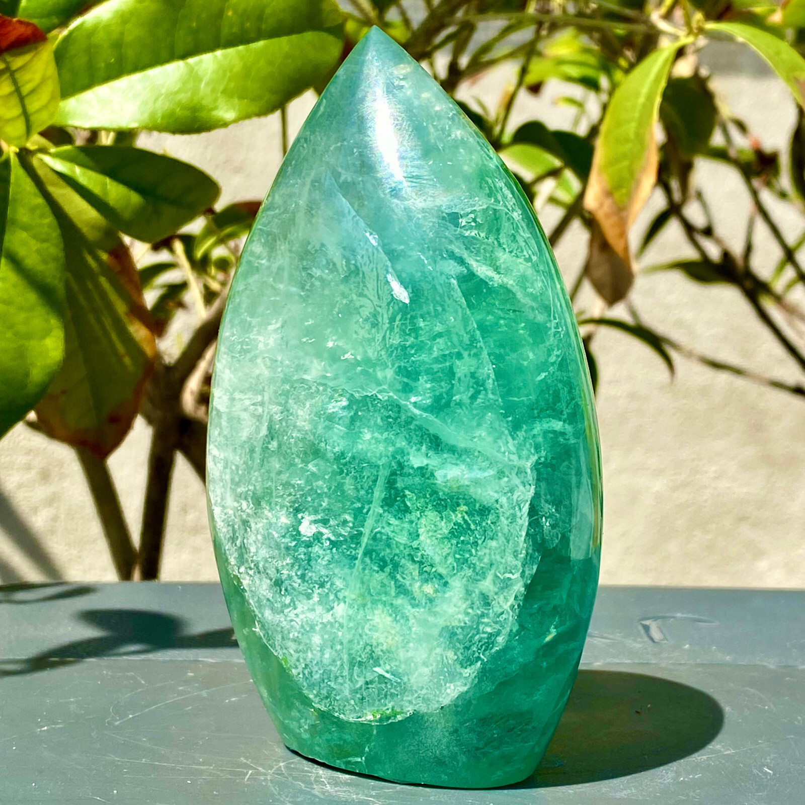 543g Polished Green Fluorite Carving Water Drop Quartz Ornament with Flame Detailing