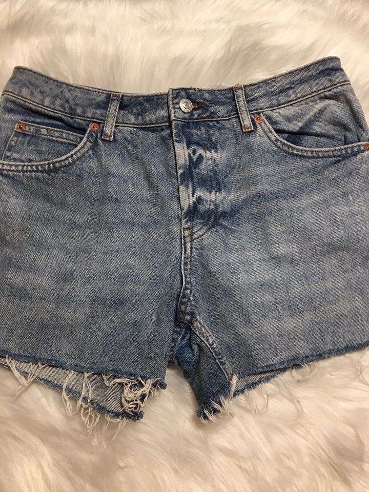 Pantalón corto Topshop Moto Ashley Mom para mujer talla 6 azul lavado claro denim tiro alto Foto 2 de 4