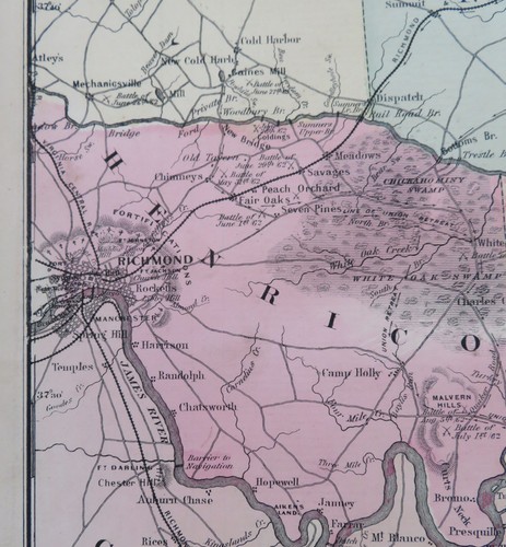 Peninsular Campaign Civil War Richmond Virginia 1864 Johnson & Ward map - Picture 5 of 6