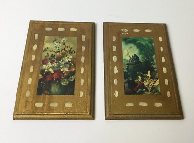 Vintage Italian Florentine Diptyck Pictures On Wood Lot Of 2