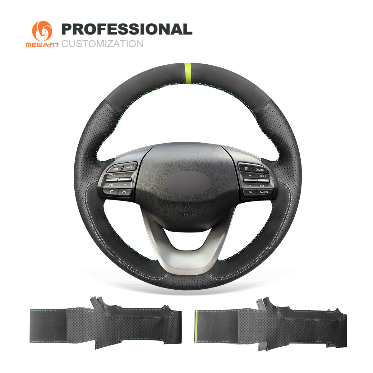 Black Genuine Leather Synthetic Suede Car Steering Wheel Cover for Hyundai Kona