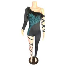 Weissman Black  Teal Sequin Feathers Dance Costume Style 5989 Adult Medium