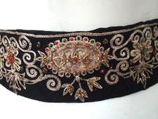 Embroidered Gilt Thread Cabochon Stones on Black Silk Chiffon Sash Belt MEDIUM