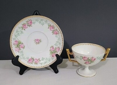 Set Of 6 Antique Ovington Bros NY T&V France Limoges Boullion Cup & Saucer Rose