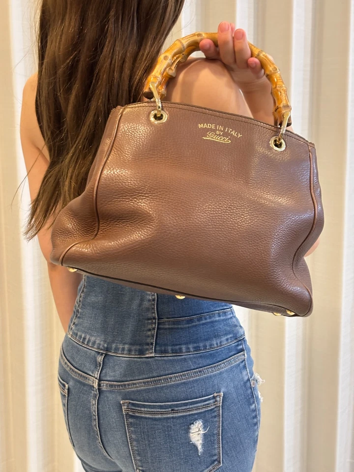 GUCCI Bamboo Shopper Small Tote Handbag Leather 50th Anniversary Floral Lining - Image 2 of 4