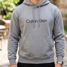 Calvin Klein Mens Heather Grey Logo Pullover Hoodie Sweatshirt Medium