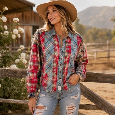 Oli & Hali Patchwork Plaid Flannel Shirt Womens Small Red Blue Boho Frayed Hem