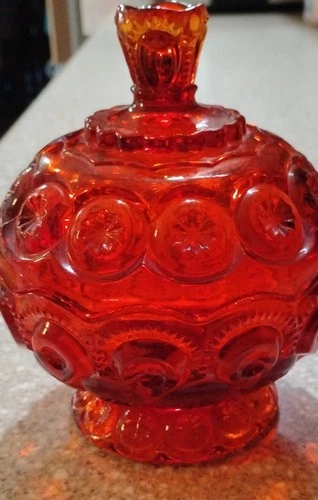 Vintage LE Smith Moon And Stars Amberina Footed Candy Dish/ Compote With Lid