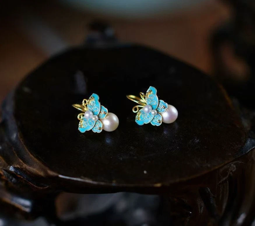 925 Silver Plated Cloisonne Blue Small Butterfly Earrings Tassel Dangle Hook - Image 2 of 4