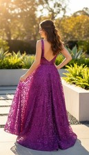 Purple Long Embroidered Sequin V Neck Prom Dress Size 2 Pockets Formal Gown