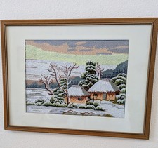 Vintage Finished Embroidery Punch Needle Art Winter Cottages Scene Matte Framed