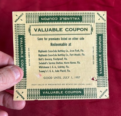 1957 Coca-Cola Highlands Avon Park Fort Meade FL Valuable Coupon Premium Gifts