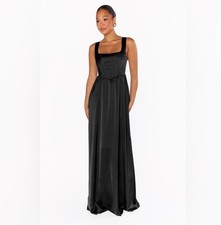 Show Me Your Mumu Nina Maxi Dress Black Luxe Satin Square Neck Bridesmaid NWT L