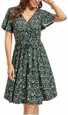 Amazon Multicolor Floral Wrap Dress Belt Knee Length Short Sleeve V-Neck Size L