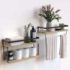 2 Pack Floating Shelves Wall Mount Wood Metal Frame With Towel Bar Bathroom