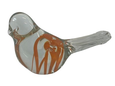 Art Glass Bird Figurine Clear Orange Swirl Paperweight Hand Blown Sculpture