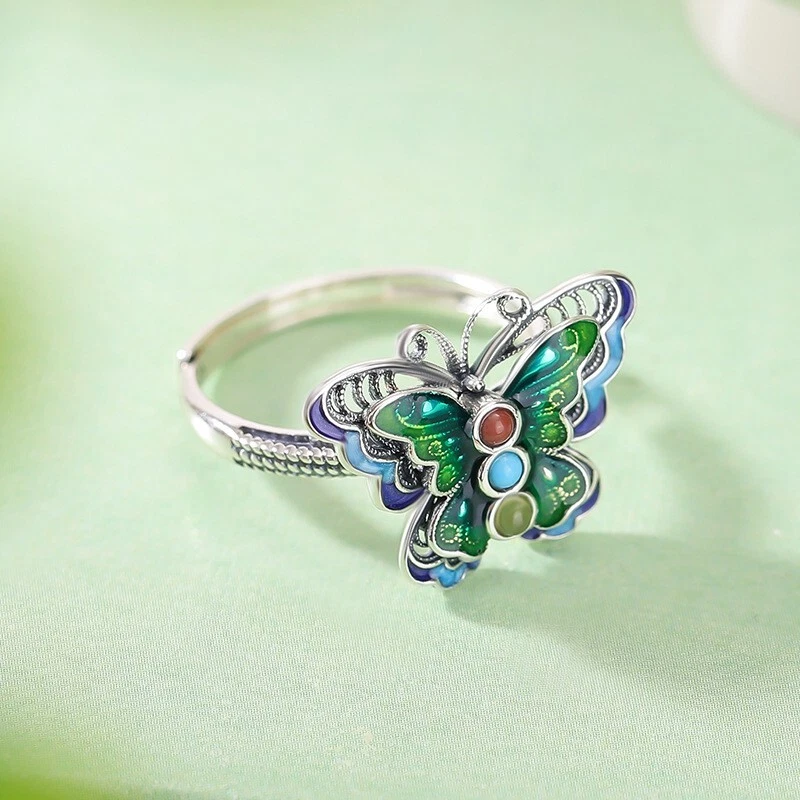 F02 Anello Colorato Smaltato Farfalla Con Giada E Agata Argento Sterling 925 - Immagine 3 di 4