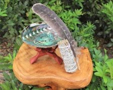 Smudge Kit: Large Abalone Shell with Tripod Stand + Blue Sage Stick & Feather!