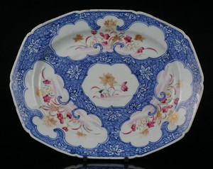 Antique Chinese Blue and White Famille Rose Porcelain Shaped Lotus Plate 18th C