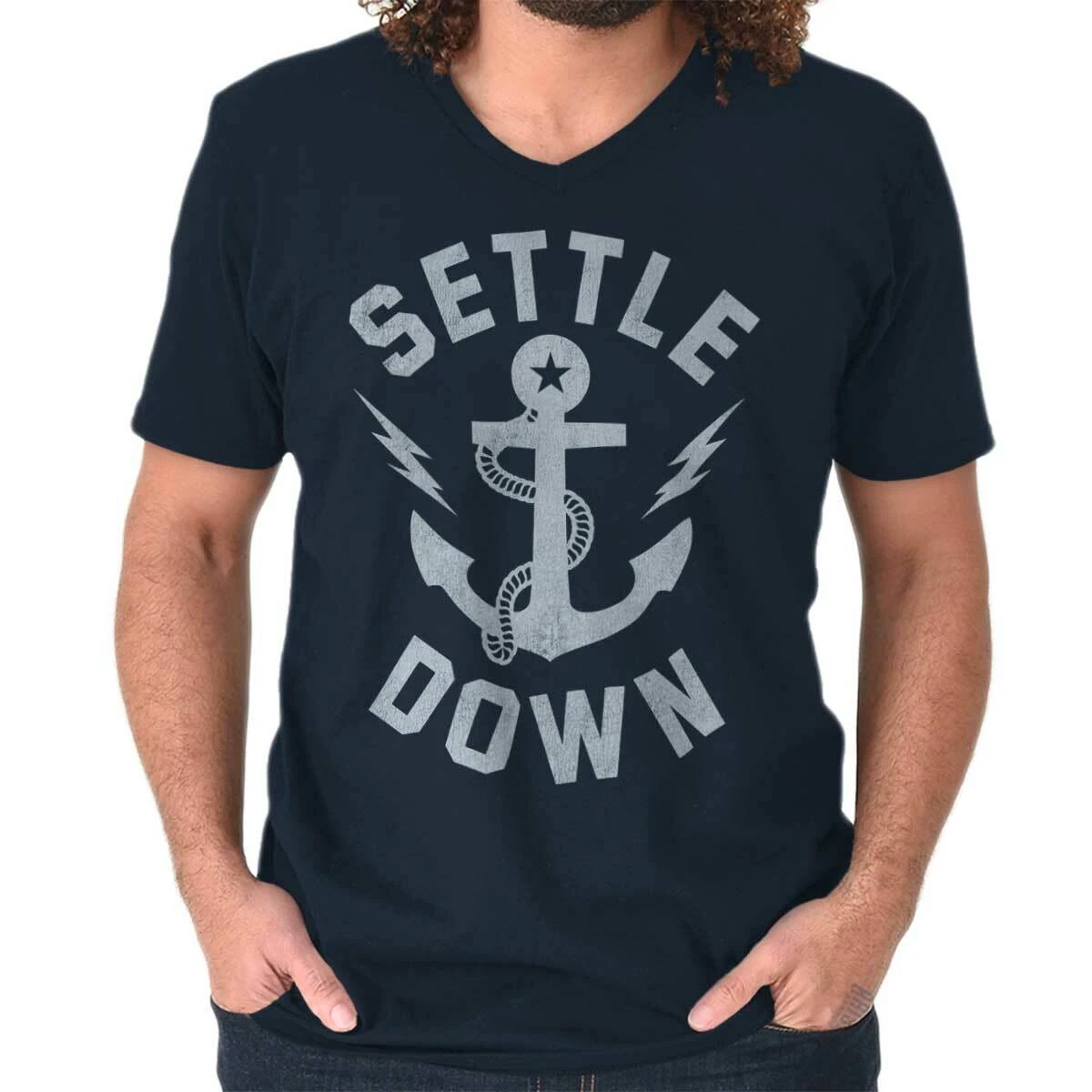 Settle Down Anchor Nautical Ocean Beach Sea Adult V Neck Short Sleeve T Shirts