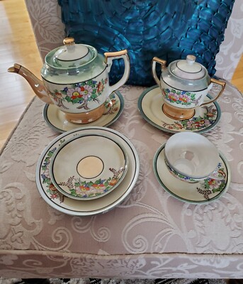 Antique Hand Painted Lusterware Japan Tea Set Blue Peach